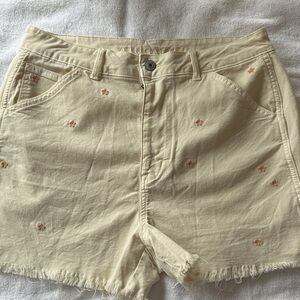 American Eagle Outfitters Cream Jean Shorts with Peach Embroidery Size 10
